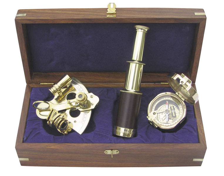 Navigačná sada - sextant, kompas, ďalekohľad