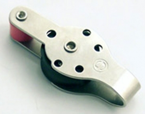 Mini sheet metal pulley with straight yoke and double suspension